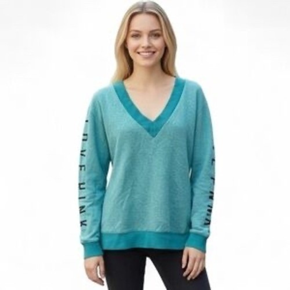Victorias Secret PINK V-Neck Sweatshirt Teal Love Pink Graphic Sleeve Pullover‎